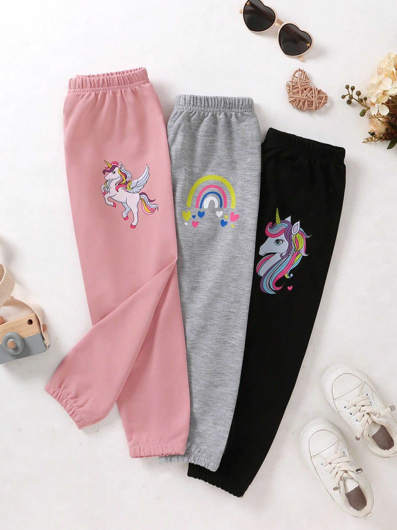 Young Girl 3pcs Casual Sporty Unicorn Print Jogger Pants With Elastic Waistband And Cuffs, Spring & Autumn