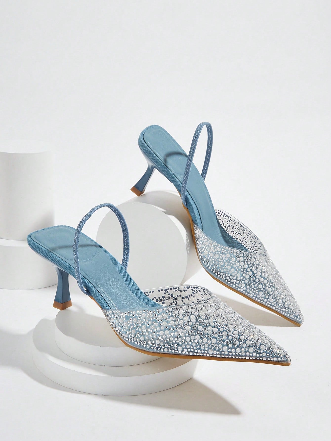 Elegant Blue High Heel Sandals With Pointed Toe, Pearl & Rhinestone Detail, Ankle Strap. Suitable For Weddings, Parties, Vacation And Casual Wear.