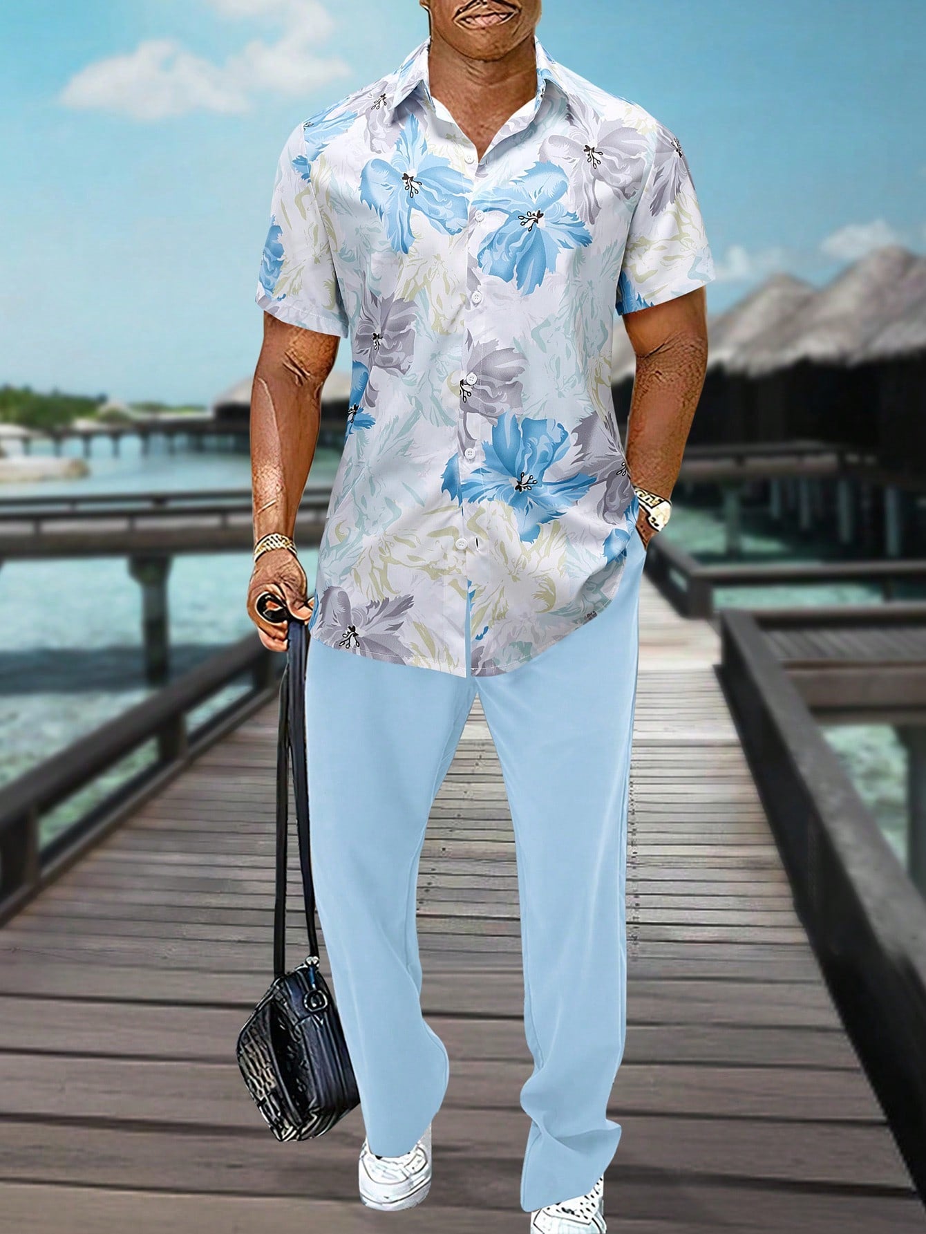 Men's Plus Size Floral Print Short Sleeve Shirt And Trousers Set