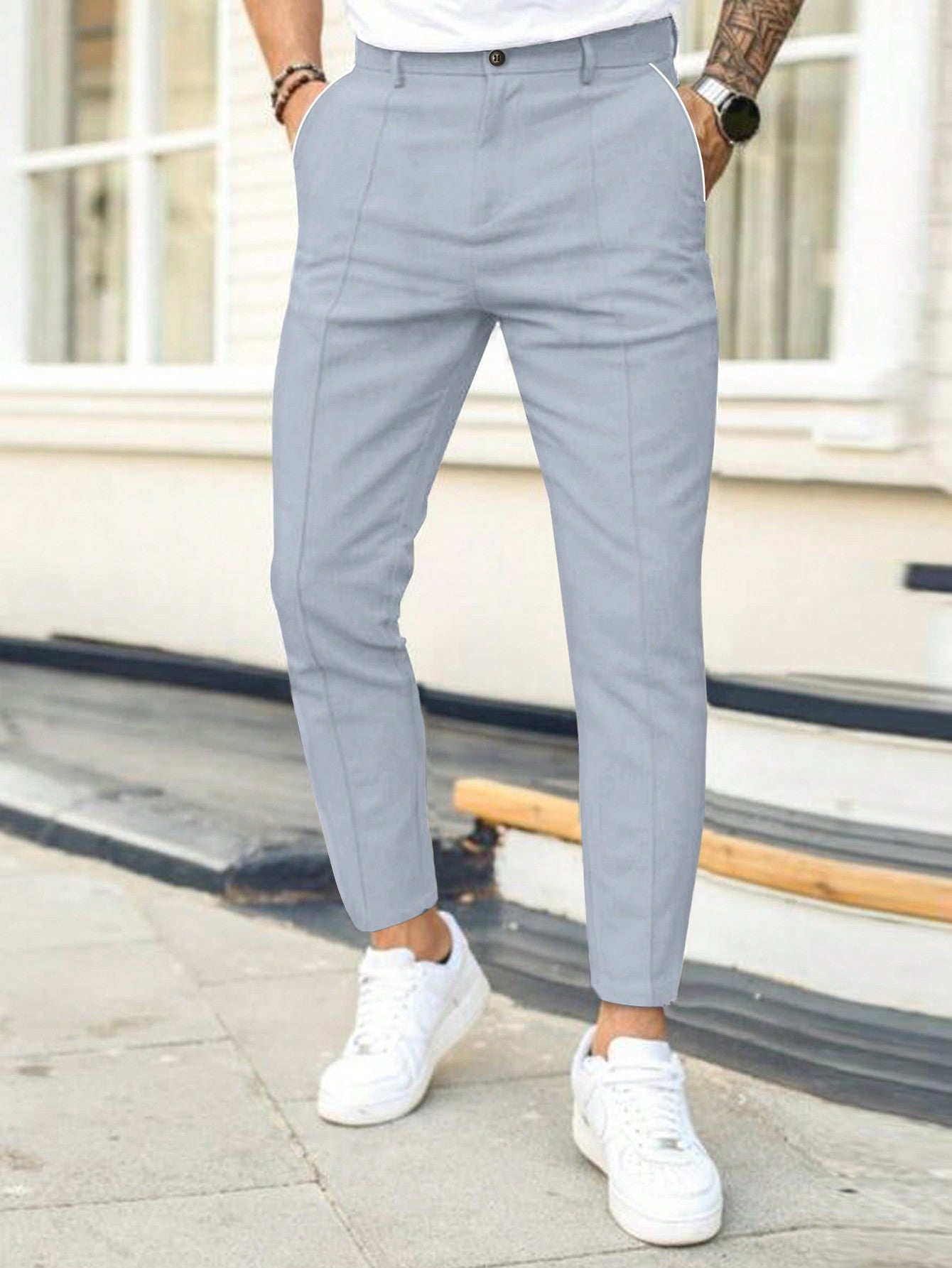 Men Casual Solid Slant Pocket Suit Pants