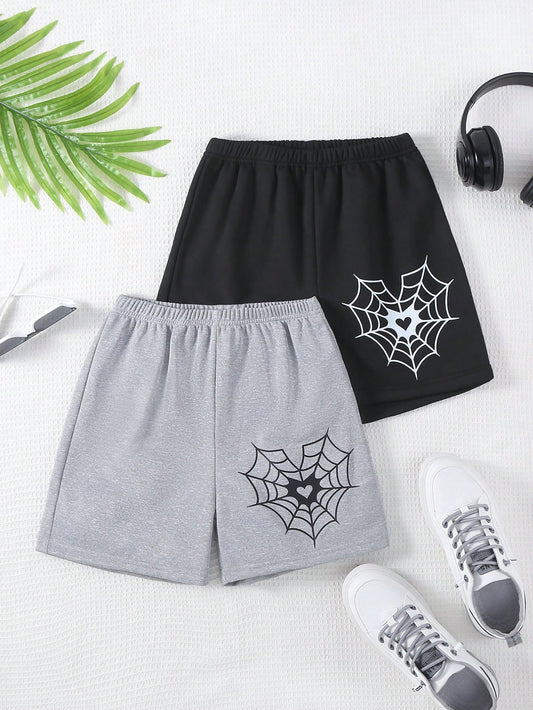 Tween Girl 2pcs/Set Elastic Waist Shorts With Spider Web & Heart Pattern For Casual And Sports, Spring/Summer