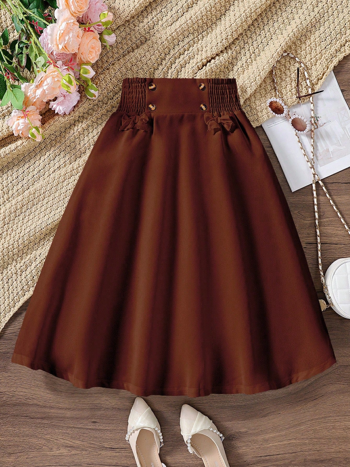 Tween Girl Bowknot A-Line Skirt, Sweet & Elegant, High Waist Design, Bow Decoration, Flared Hemline, Soft & Breathable