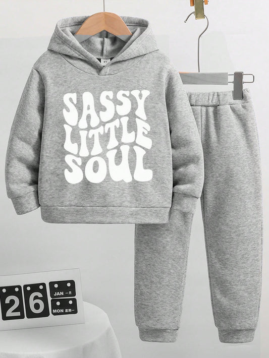 Young Girl Letter Printed Hoodie And Sports Pants, Winter