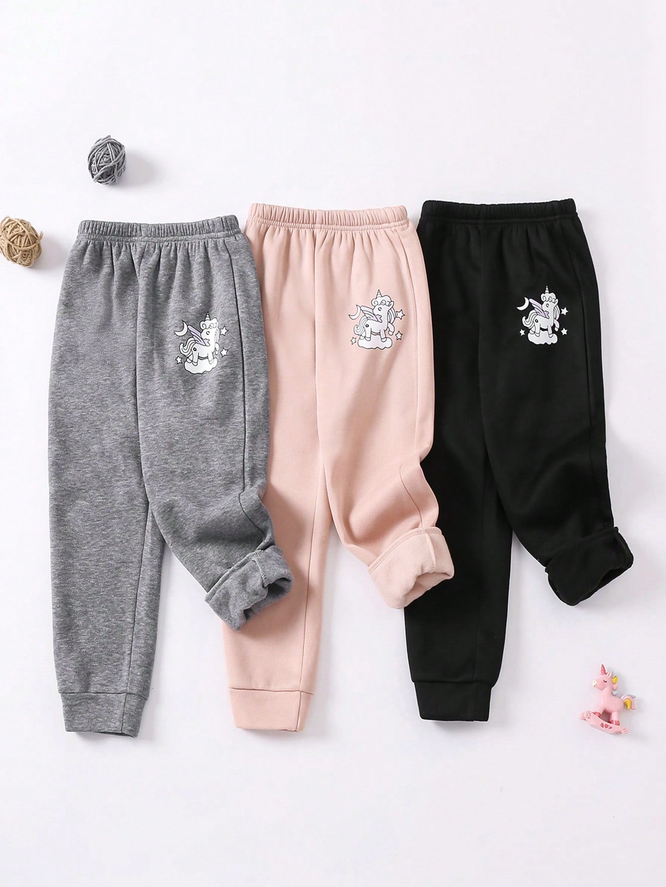 Young Girl 3pcs Adorable Pony Printed Cozy Warm Fleece High-Waisted Thick Sweatpants For Fall And Winter