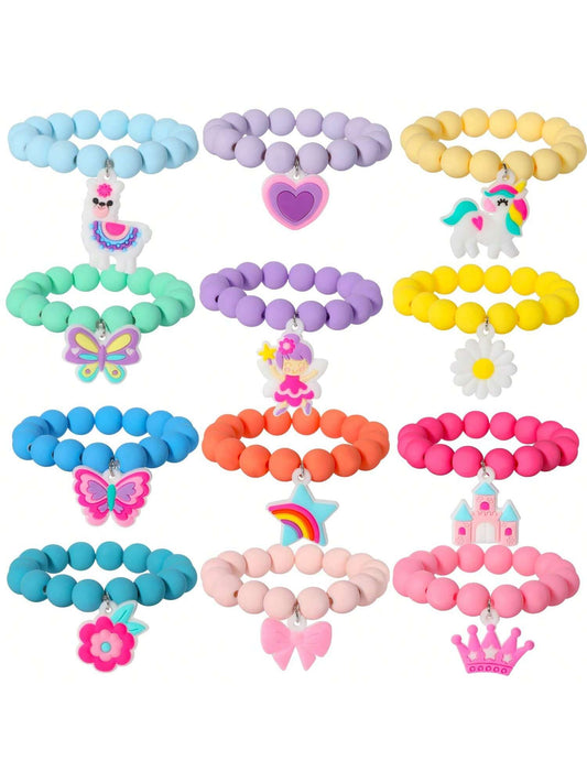 12pcs/Set Little Princess Crown, Butterfly, Unicorn, Heart, Flower & Castle Elastic Beaded Bracelets For Kids