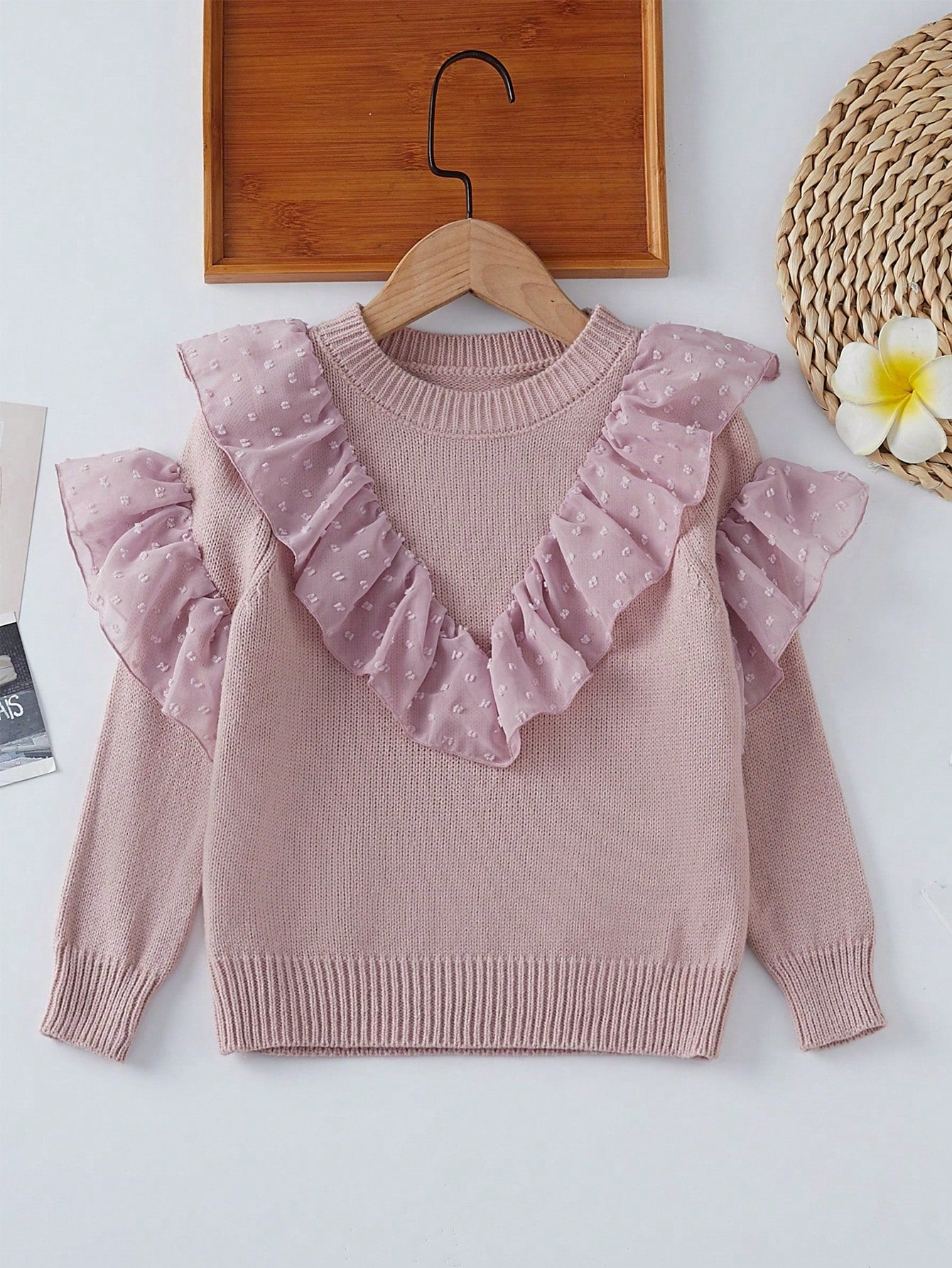 Young Girl Swiss Dot Ruffle Trim Drop Shoulder Sweater