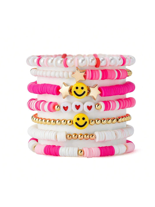 7pcs Pink Tone Princess Themed Elastic Band Beaded Bracelet Set For Girls, Summer