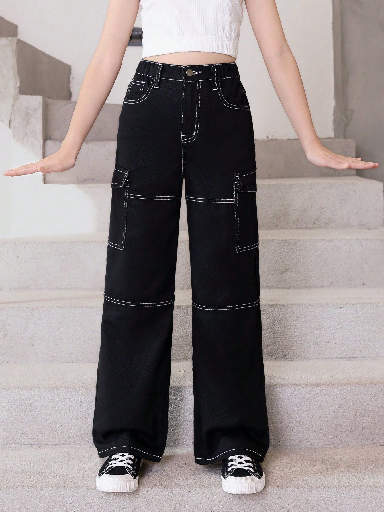 Tween Girl New Style Casual Fashionable Cargo Style Washed Straight Leg Jeans