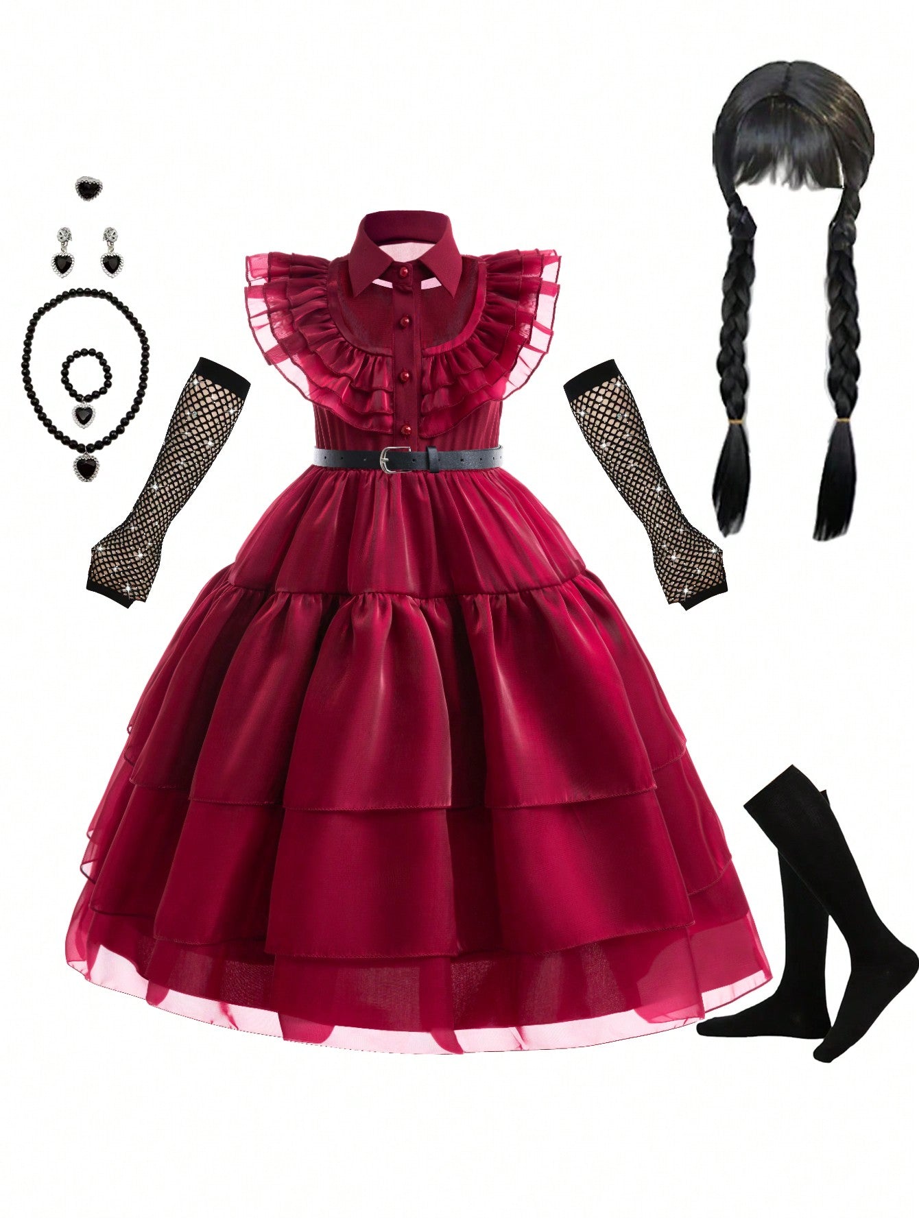 Blossomsprite Kids Young Girl Ruffle Trim Gown Dress & Wig & Rings & Bracelet & Necklace & Earrings & Gloves & Belt & Socks