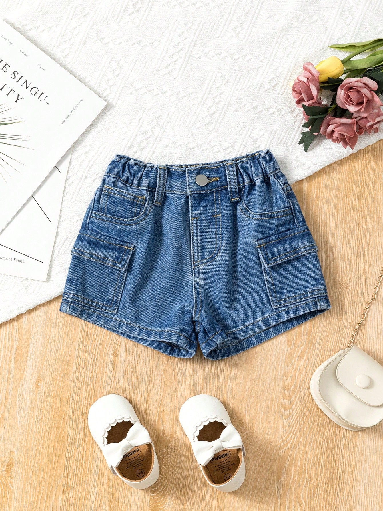 Young Girl Mid Washed Blue Denim Shorts With Folded Hem