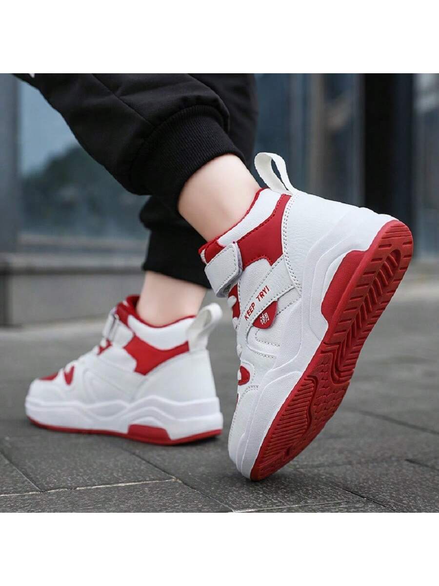 Teenagers' Mid-Top Sport Sneakers For Boys, Pu Material With Hook And Loop And Flat Sole, Suitable For Four Seasons And Daily Wear