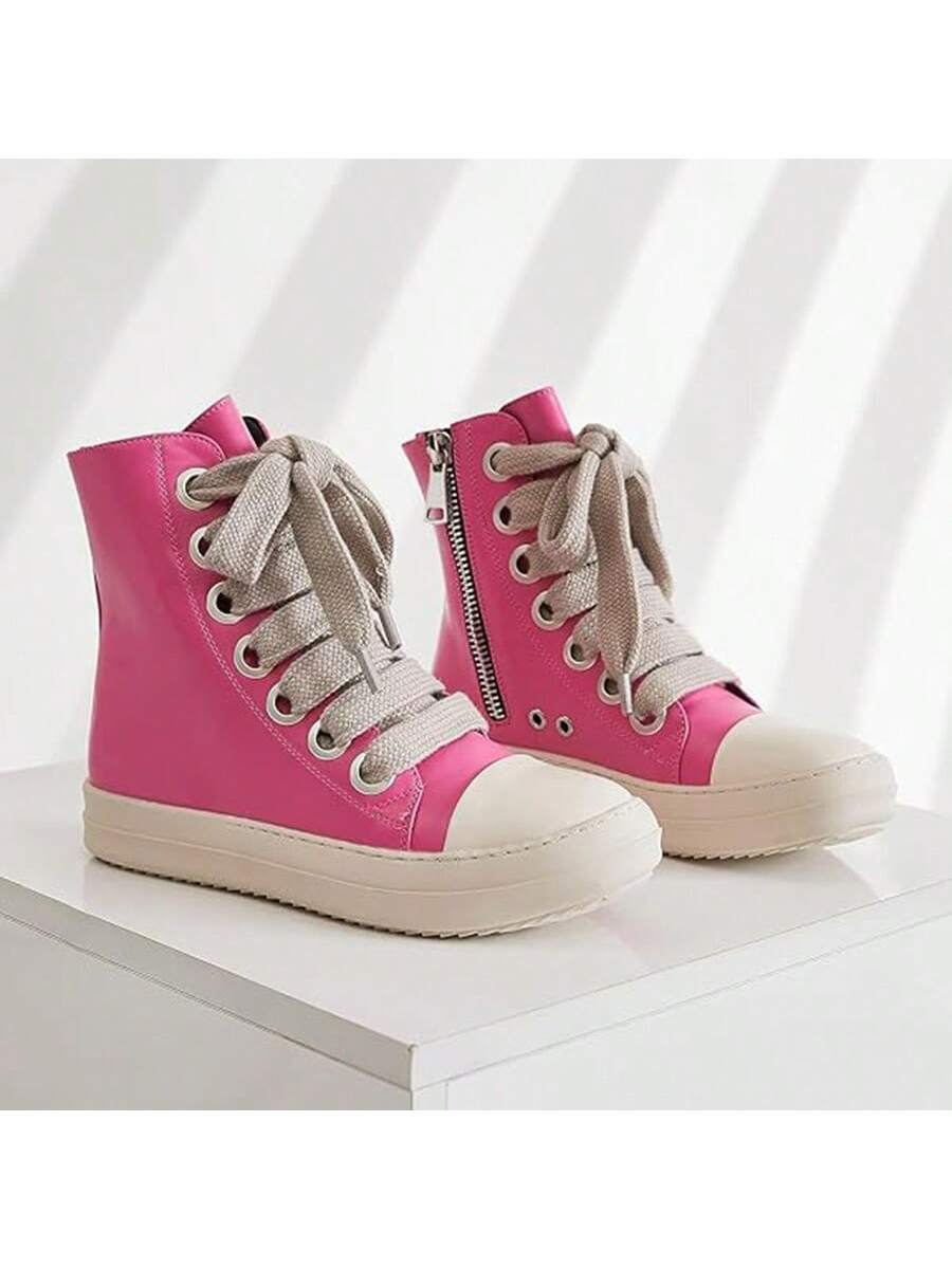 Women's High Top Flat Casual Stylish Chunky Lace-Up Sneakers, Fashionable All-Match Shoes