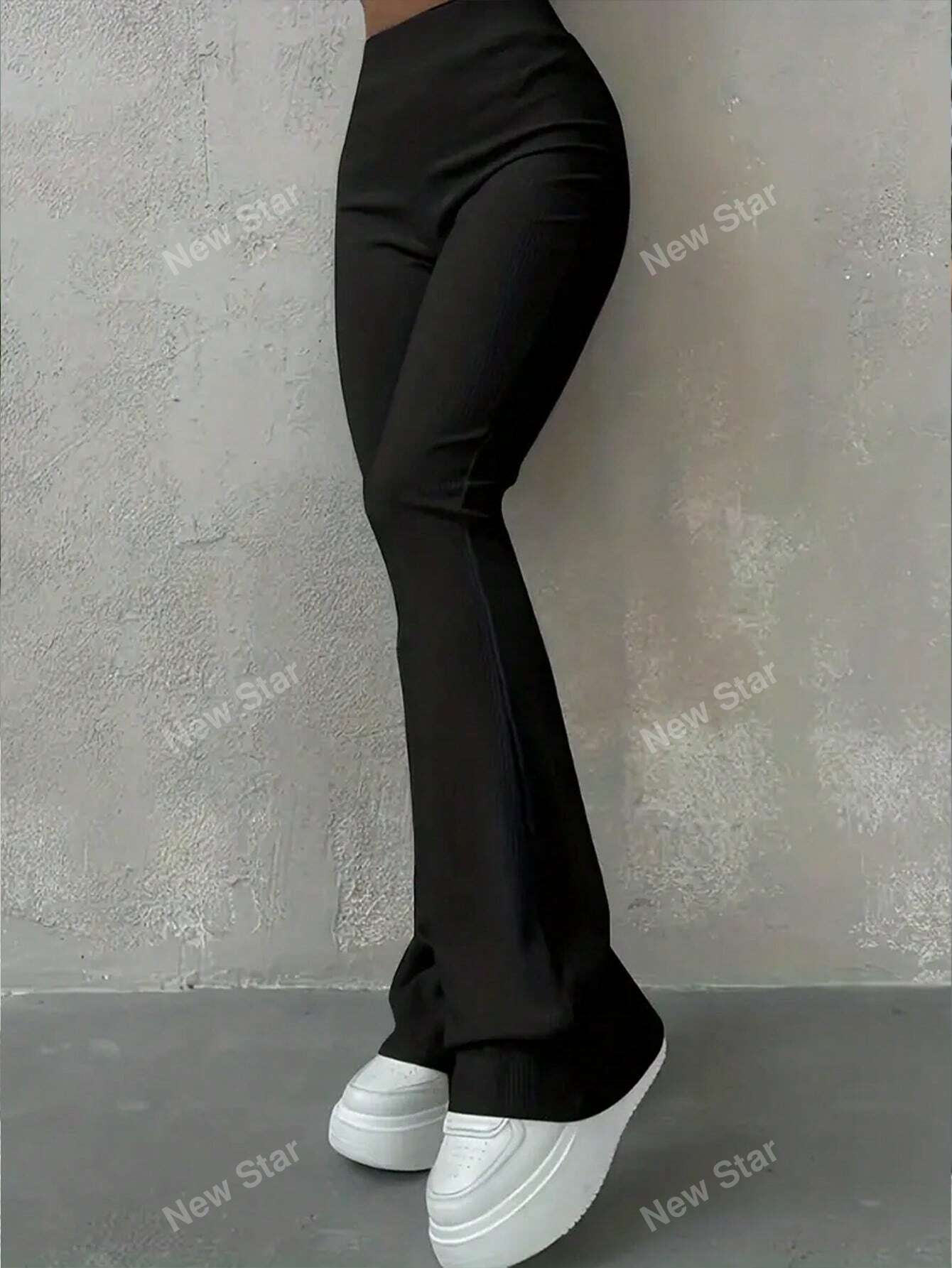 Solid Color Ribbed Knit Flared Pants