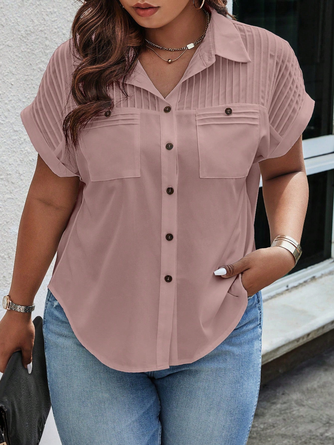 Plus Size Solid Color Buttoned Batwing Sleeve Shirt