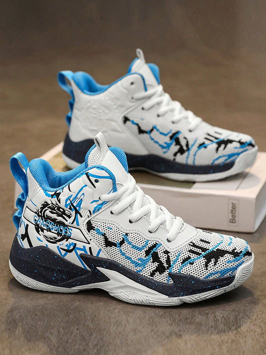 1 Pair Boy's Fashionable Graffiti Design Lace-Up, Slip-Resistant, Wear-Resistant Outdoor Basketball Sneakers, Suitable For Indoor And Outdoor Training