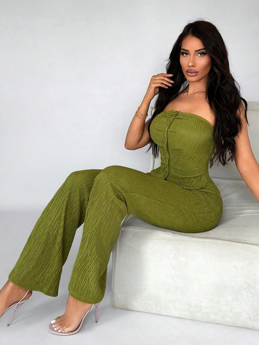 Summer Ladies' Sexy Texture Green Tube Top With Button & Flared Pants Set