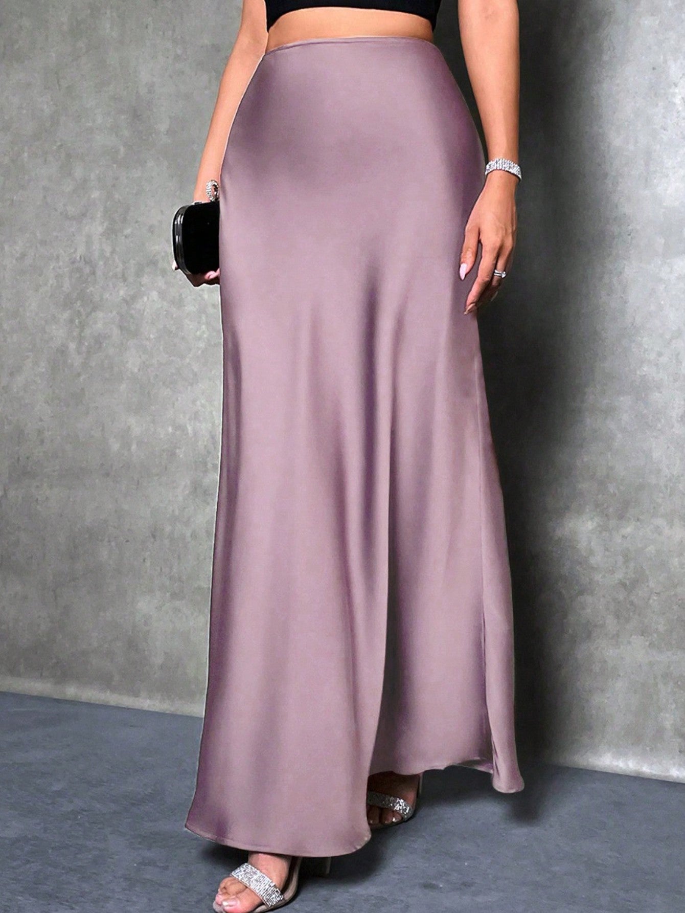 High Waist Solid Maxi Satin Skirt