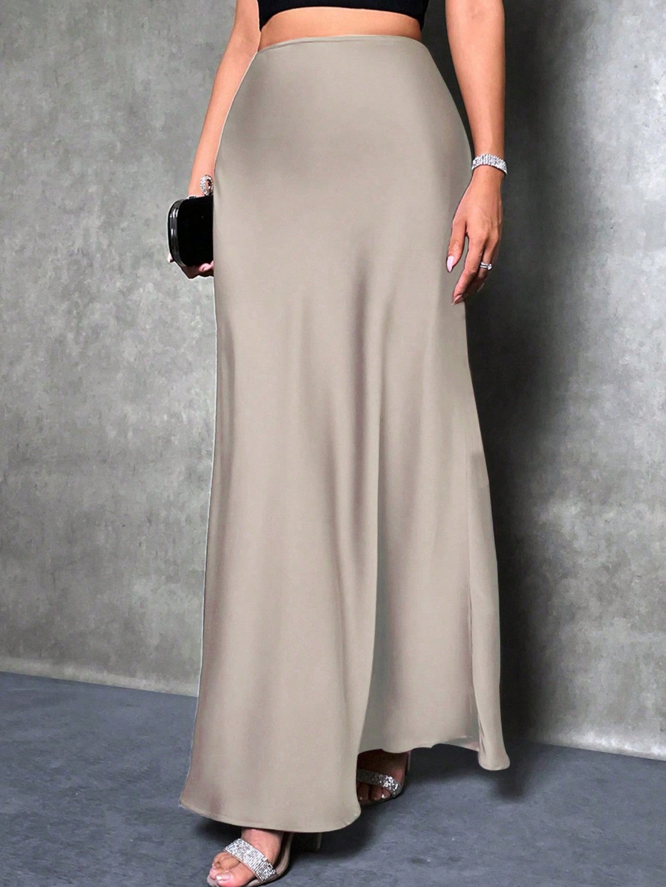 High Waist Solid Maxi Satin Skirt