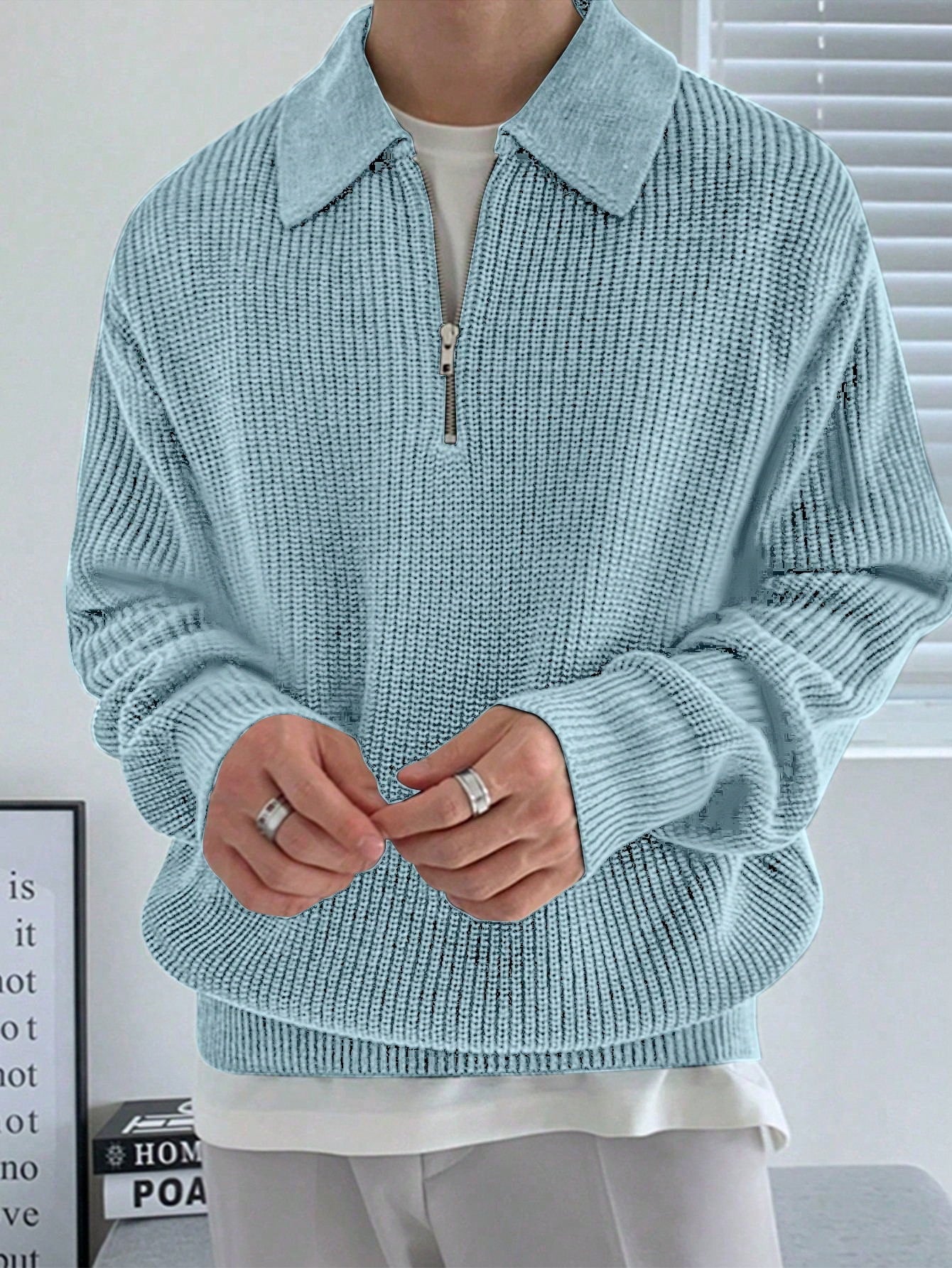 Men 1pc Quarter Zip Ribbed Knit Sweater