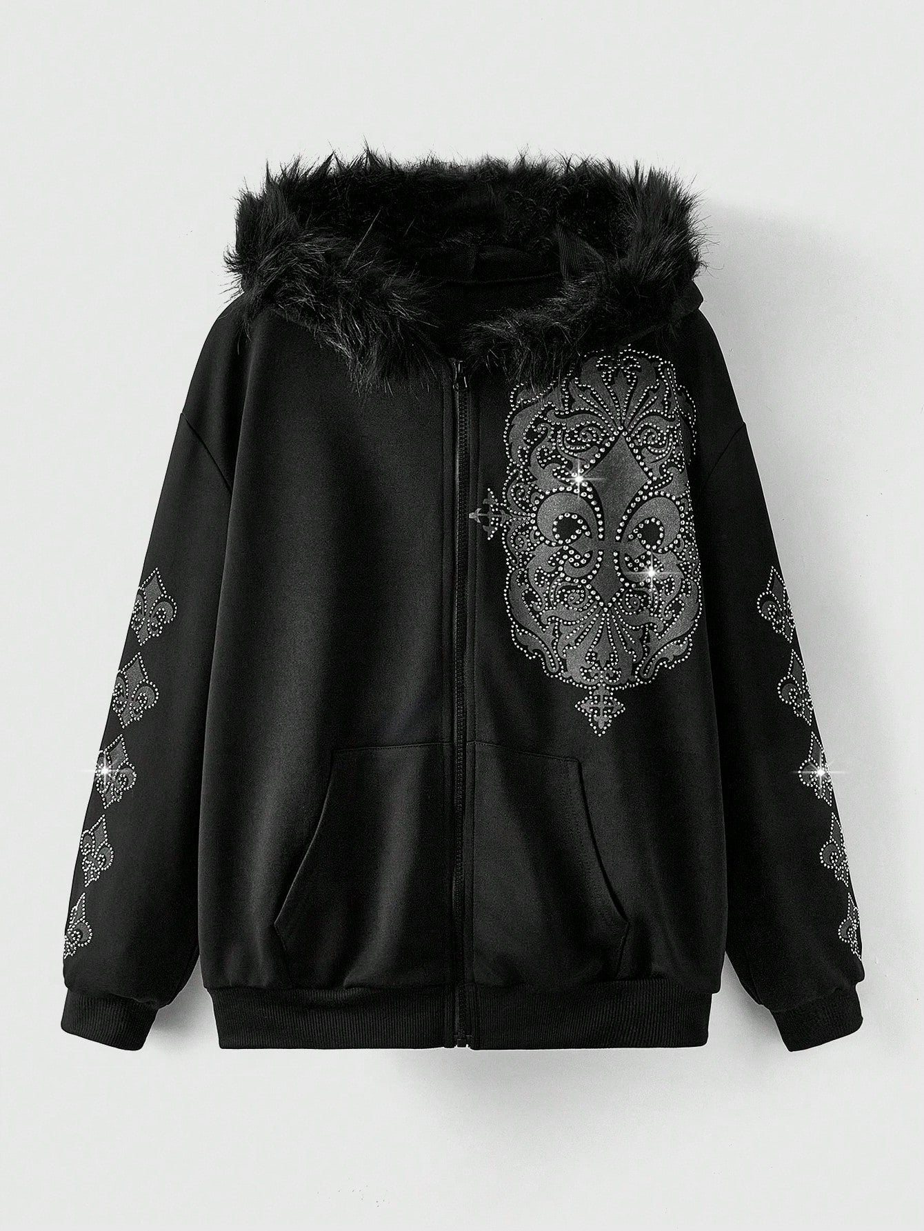 Fairycore Hooded Sweatshirt With Rhinestone Detailing, Drop Shoulder, Zipper, And Raw Edge Hem