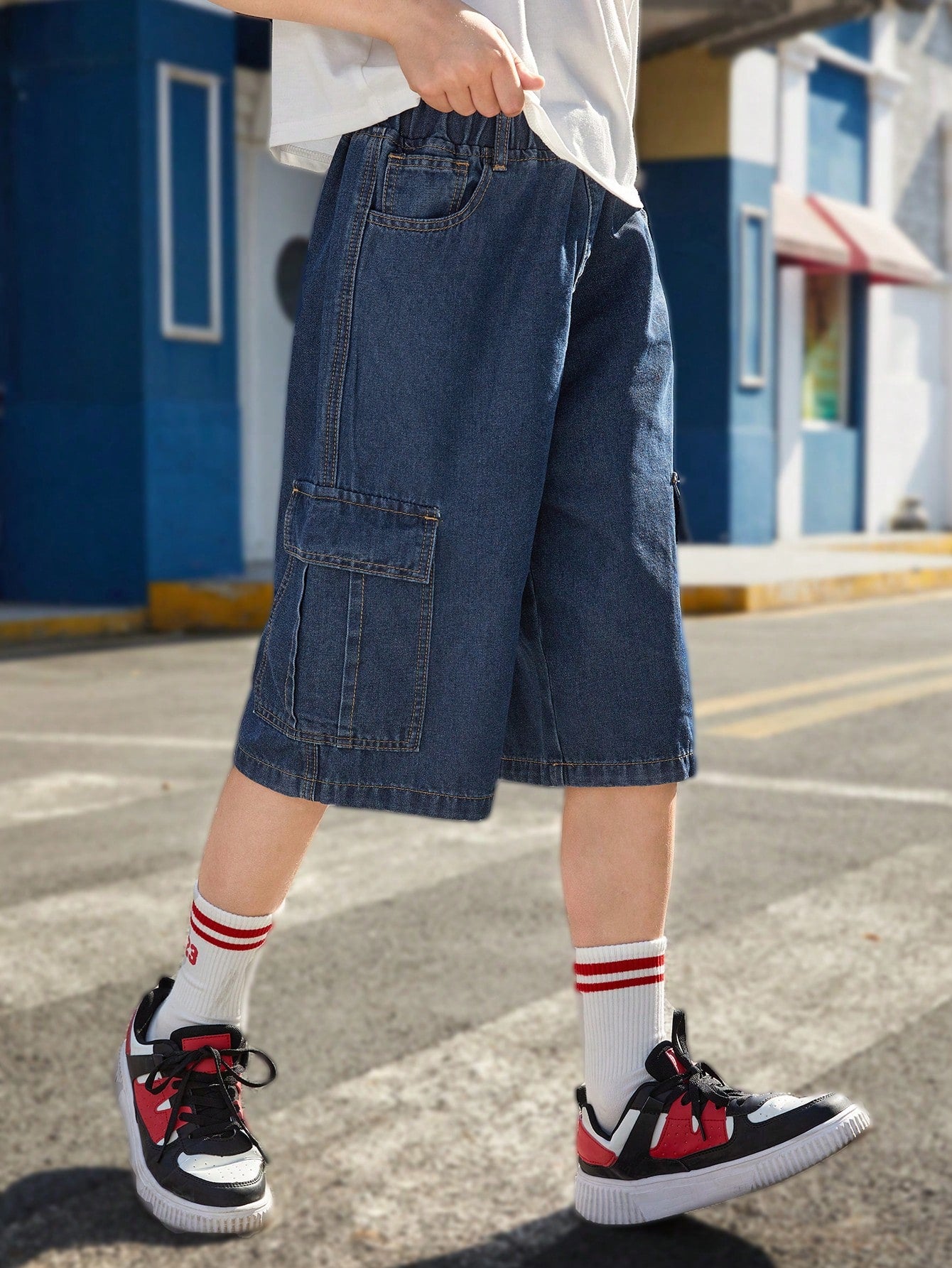 Tween Boy Elastic Waist Flip-Pocket Side Stripe Denim Shorts