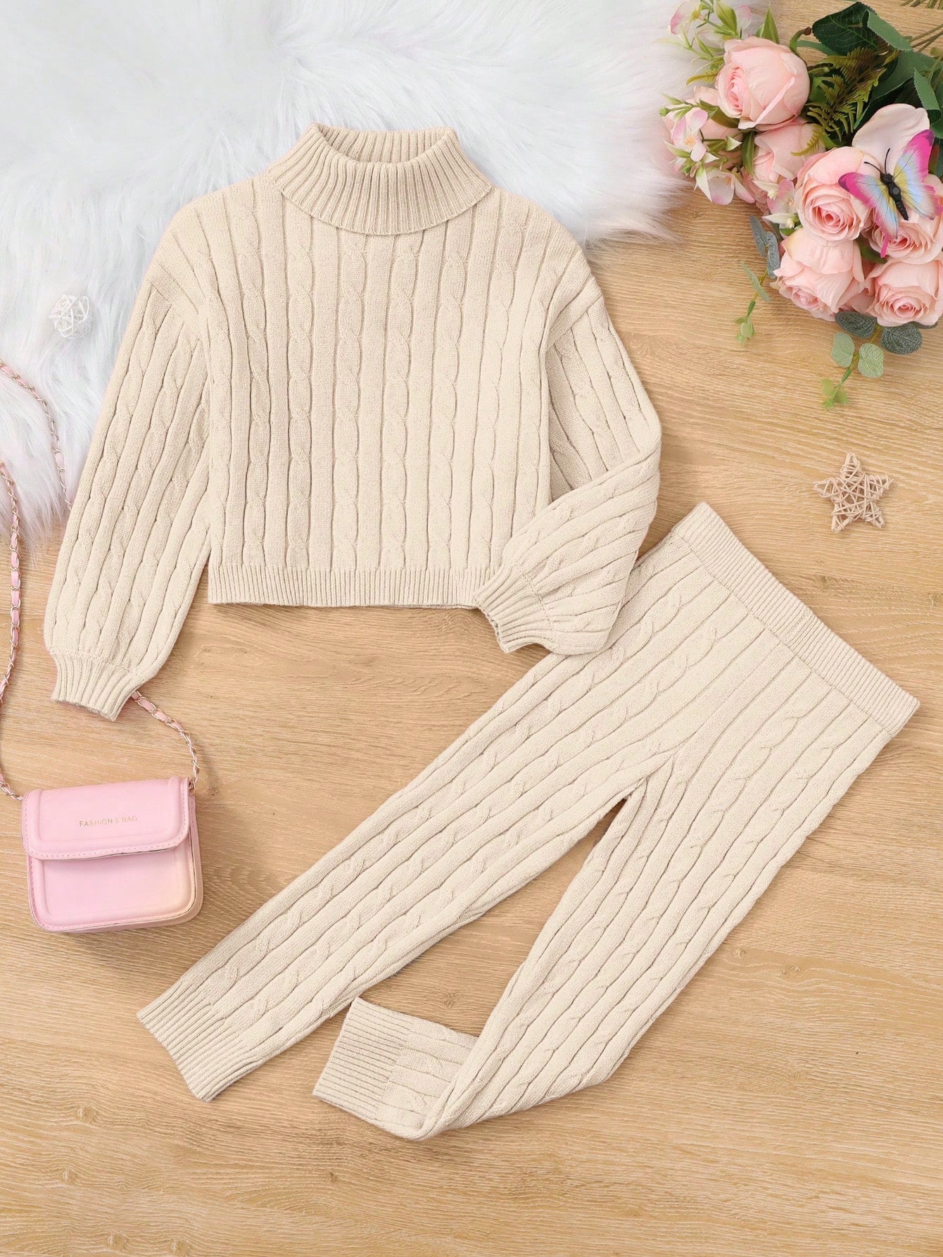 Young Girl Turtleneck Lantern Sleeve Sweater & Knit Pants