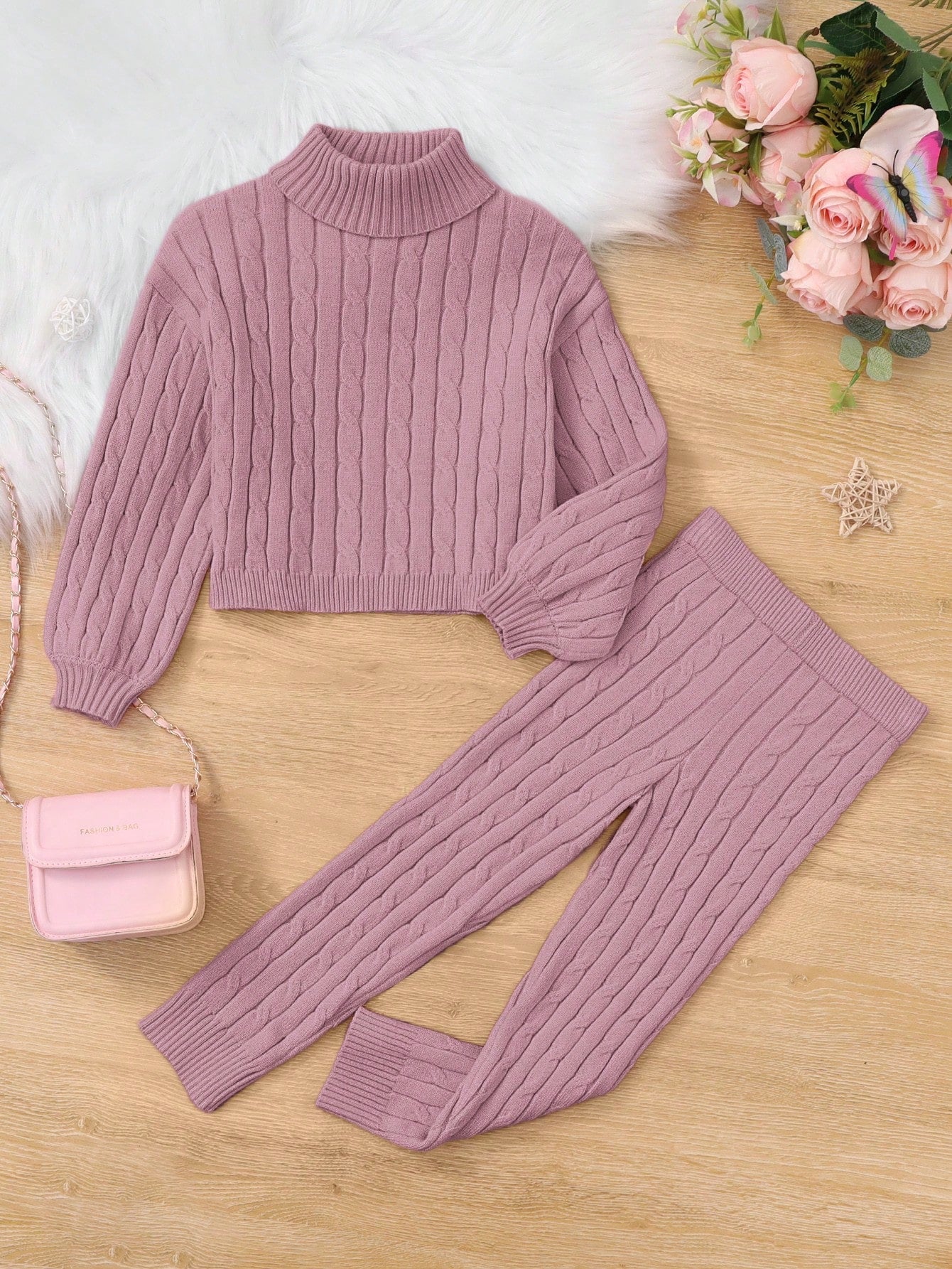 Young Girl Turtleneck Lantern Sleeve Sweater & Knit Pants