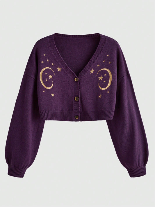 Plus Size Moon & Star Embroidery Cardigan With Drop Shoulder