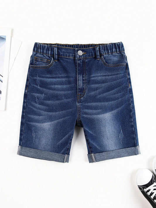 Tween Boy Muted Blue Washed Summer Denim Shorts, Rolled Hem Design And Classic Cut