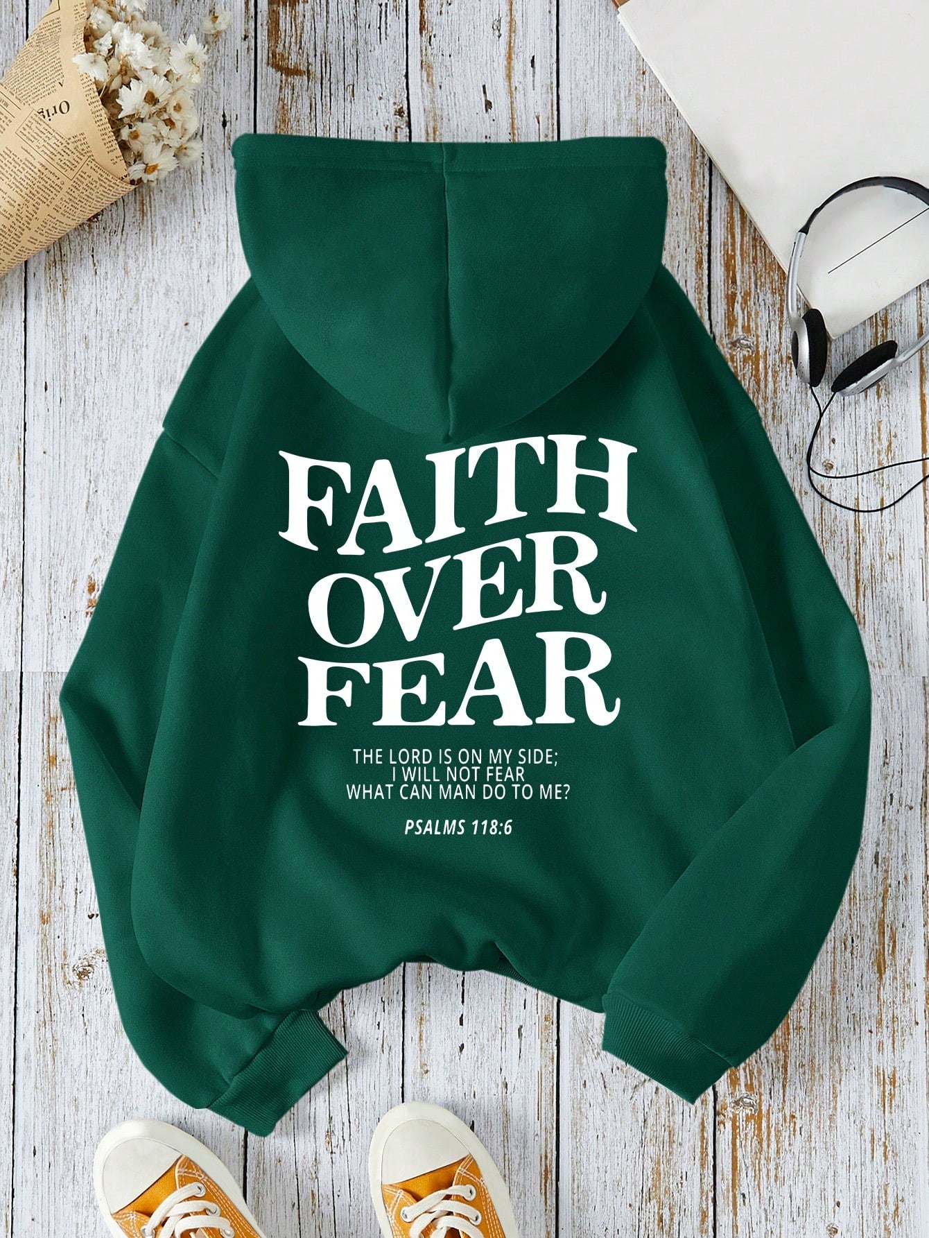 Women Spring And Autumn Loose Casual Hoodie With Slogan And Printed Long Sleeves FAITH OVER FEAR THE LORD IS ON MY SIDE I WILL NOT FEAR WHAT CAN MAN DO TO ME PSALMS 118: 6