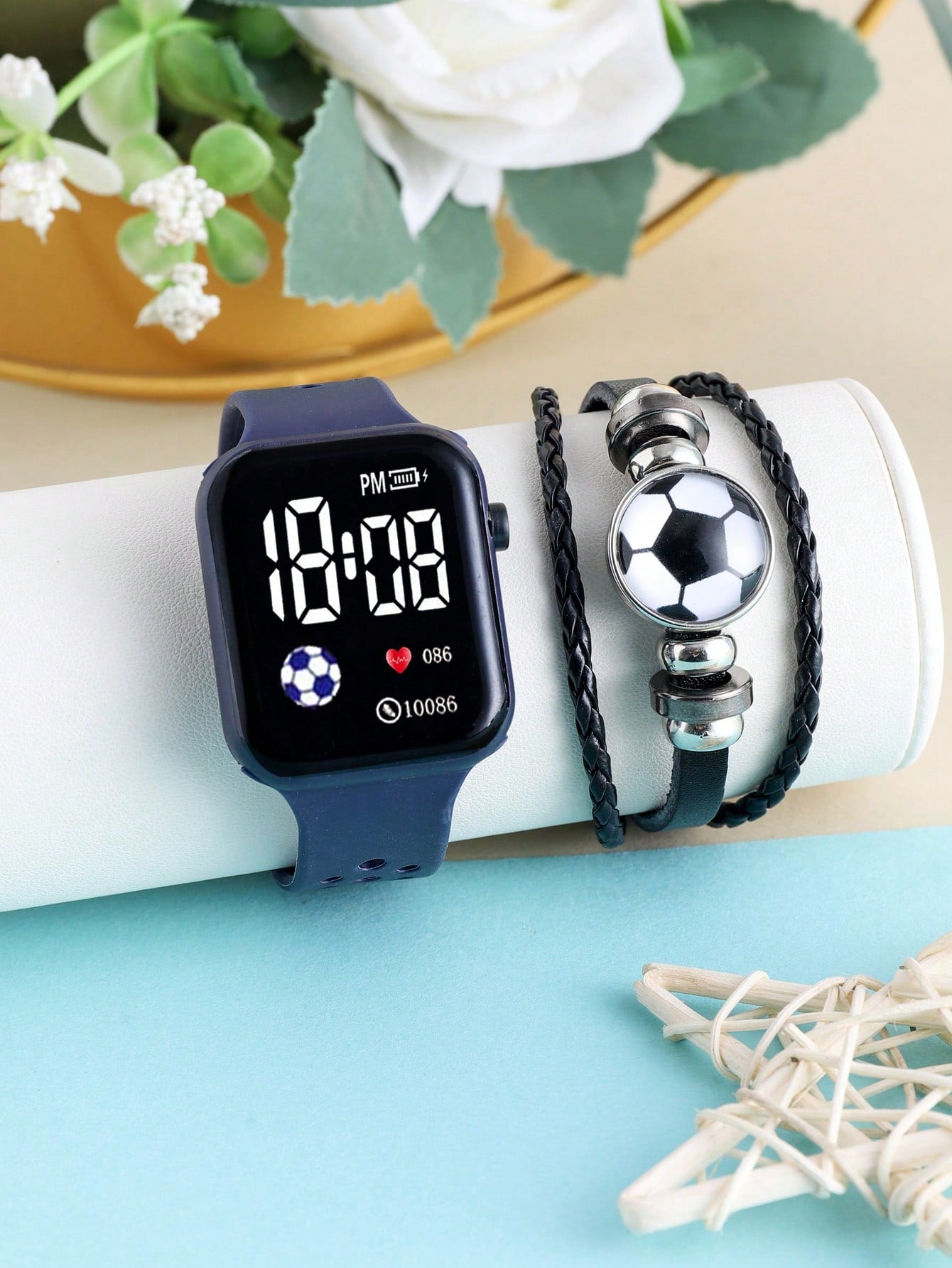 1pc Kids' Led Square Bracelet Digital Electronic Watch & 1pc Football Style Wristband, Suitable For Daily Wear