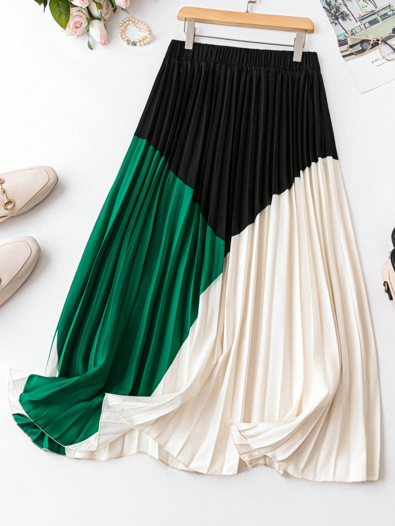 Women Plus Size Color Block Pleated Skirt