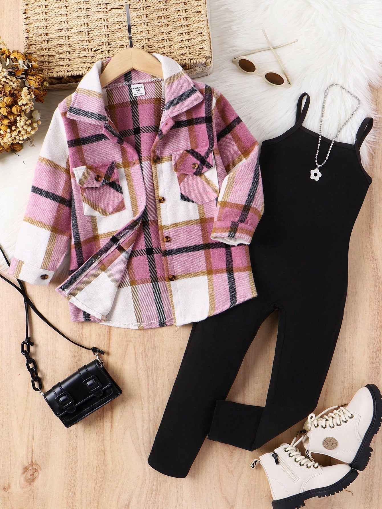 Young Girl Grid Shirt Coat And Casual Minimalist Suspender Jumpsuit Two-Piece Set