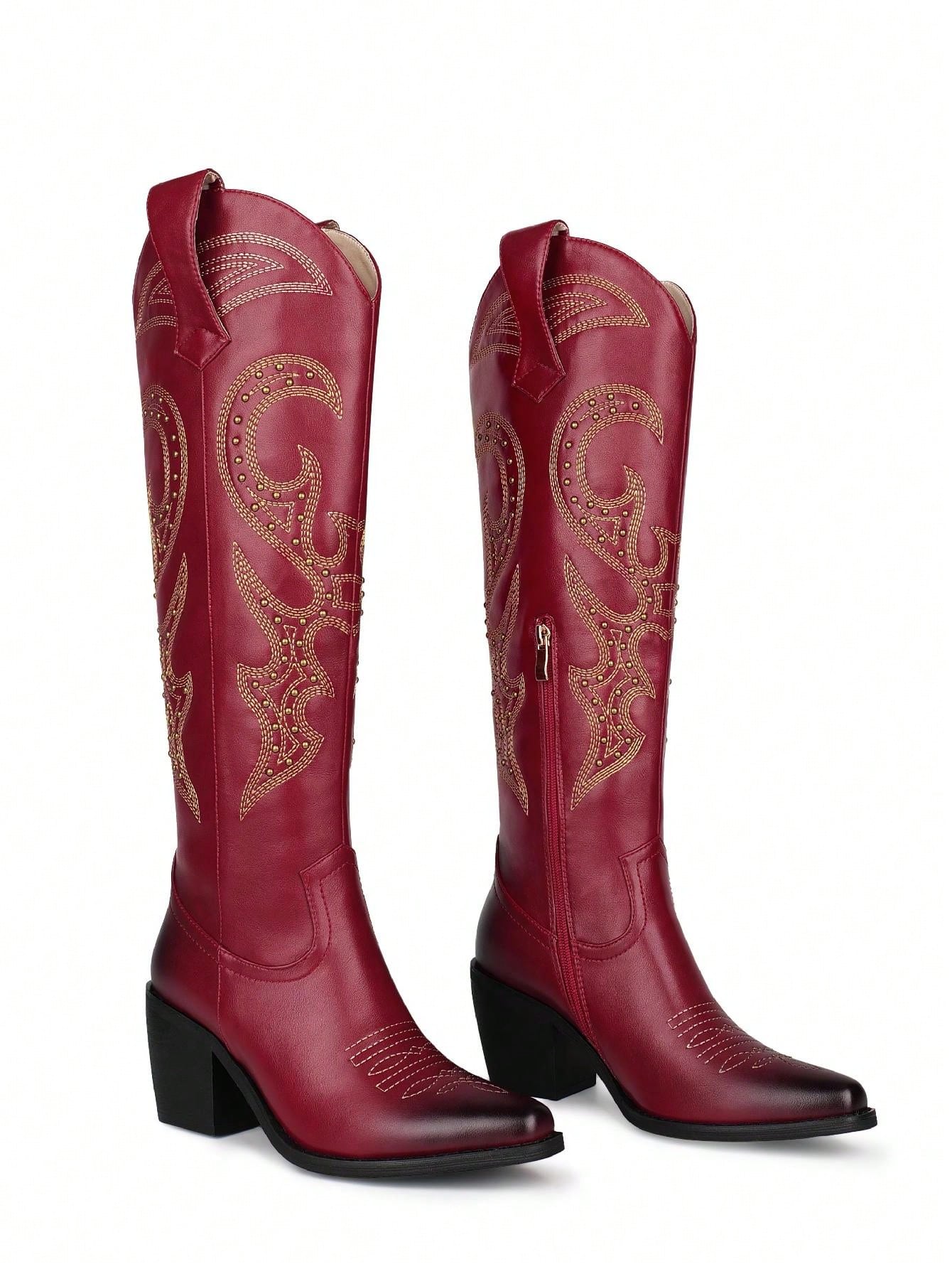 ISNOM Knee High Cowboy Cowgirl Boots For Women, With Unique Embroidery, Side Zipper And Chunky Heel Design