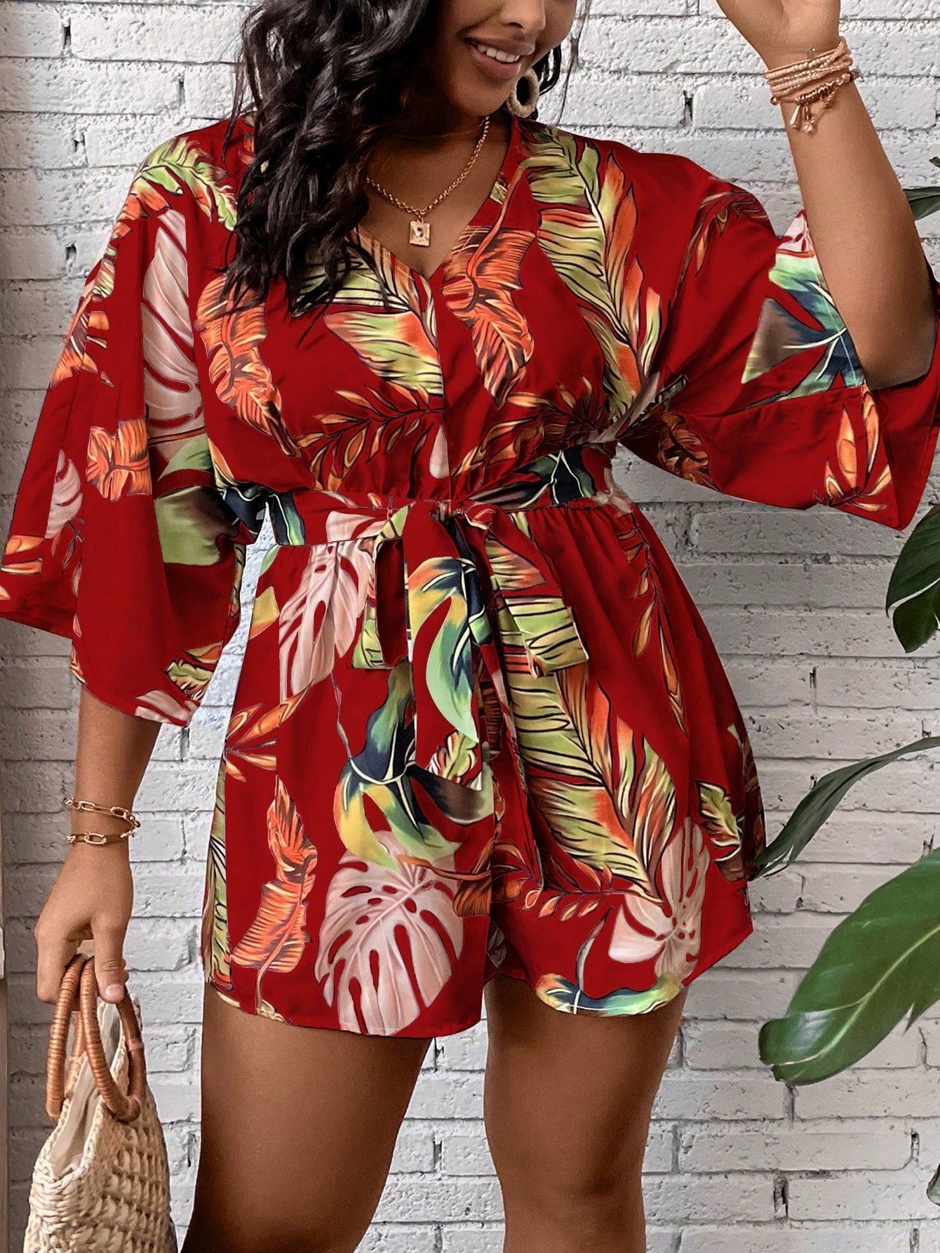 Plus Tropical Print Batwing Sleeve Belted Romper