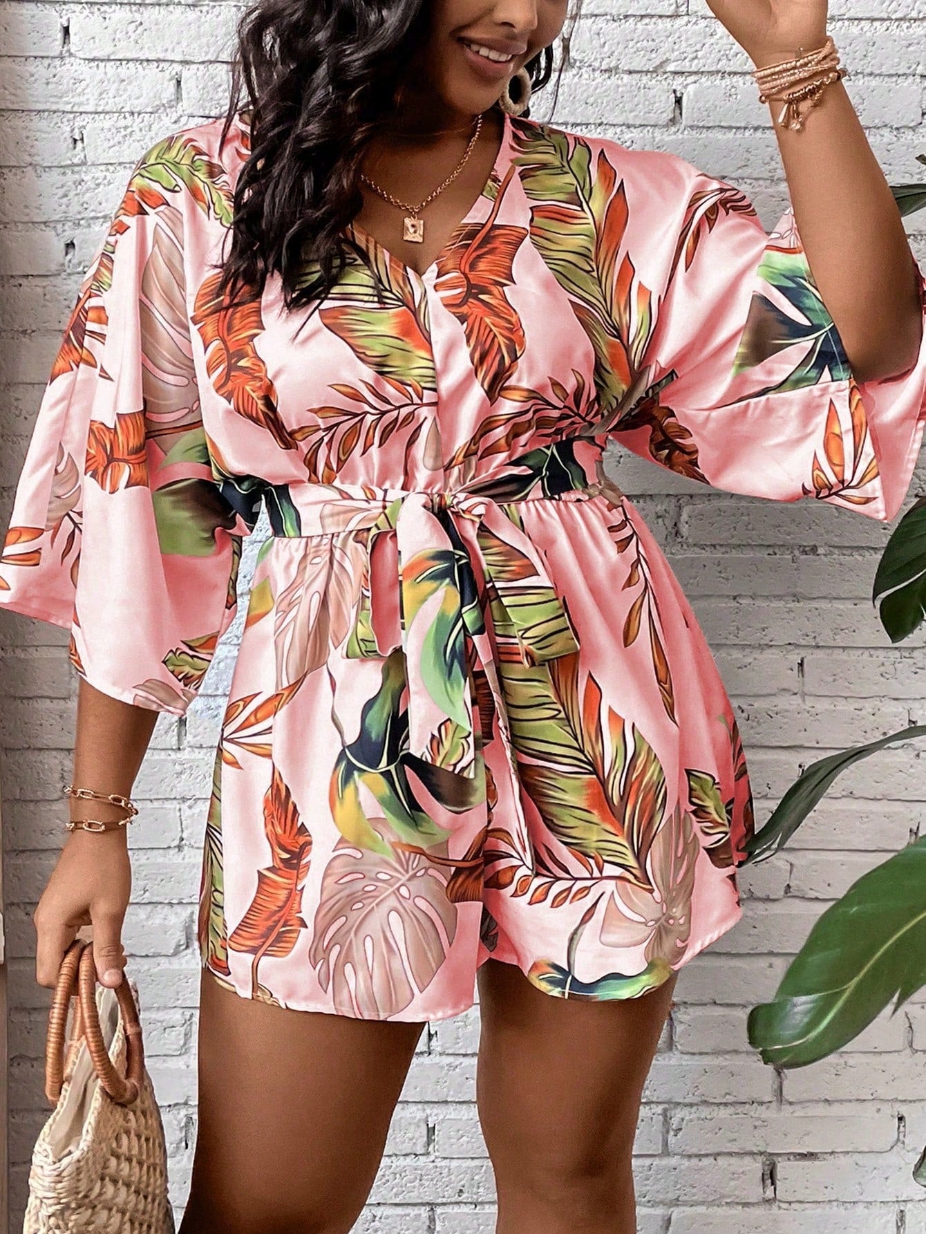 Plus Tropical Print Batwing Sleeve Belted Romper