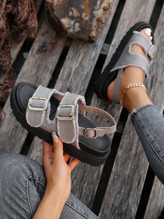 Summer Women's Fashionable Belt Buckle Thick Bottom Sandals Light Grey, Casual Vacation Style With Tassel Detail Flat Sandals