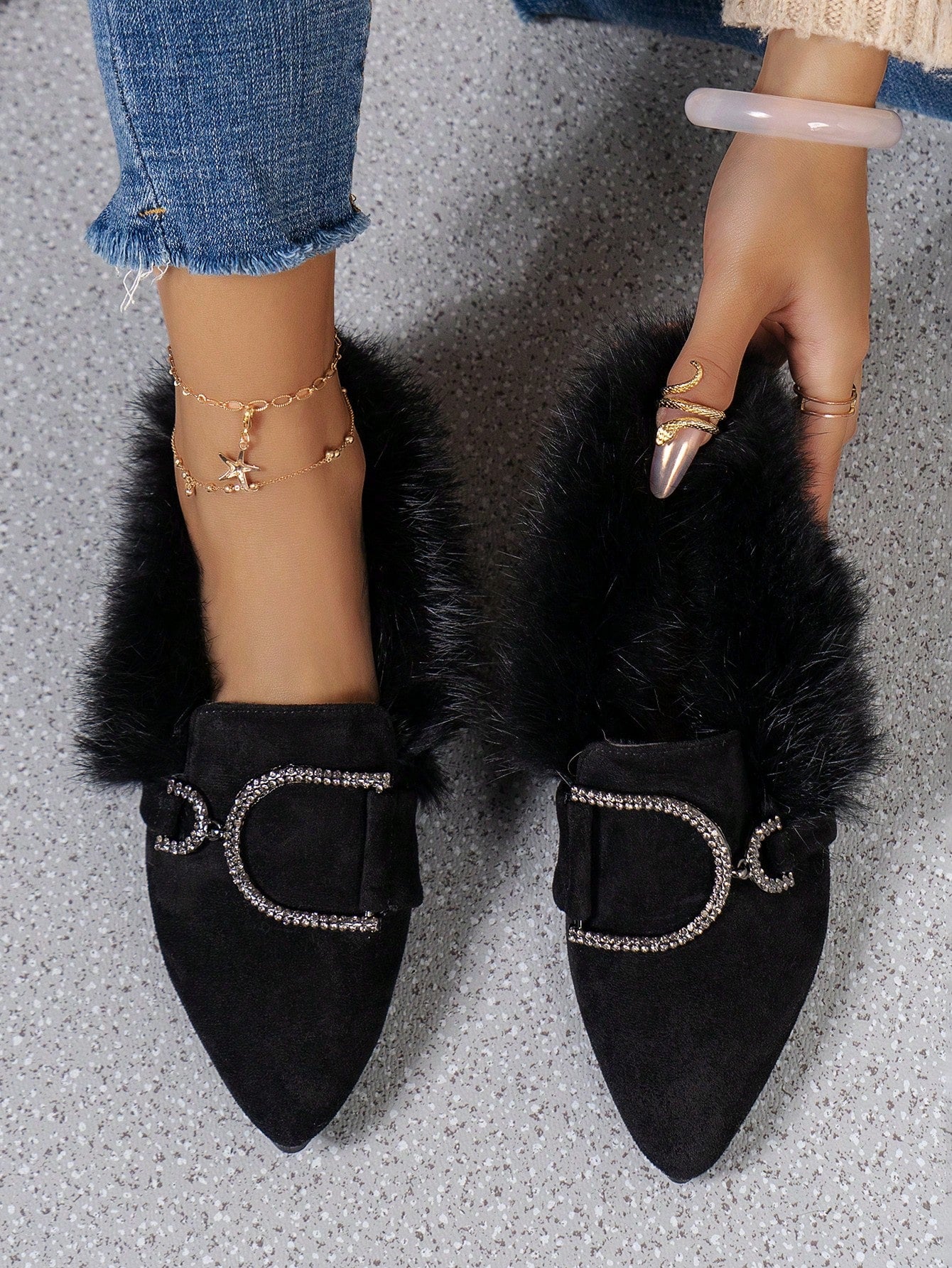 Women's Winter Flat Mary Jane Low Heel Loafers With Thickened Plush Fur Decoration