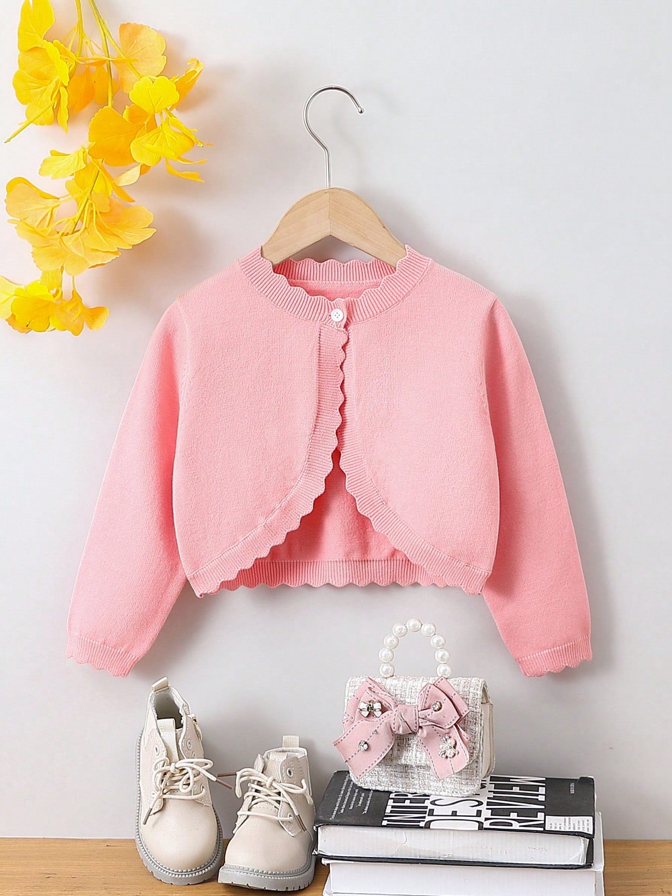 Young Girl Solid Color Cardigan With Scallop Edge