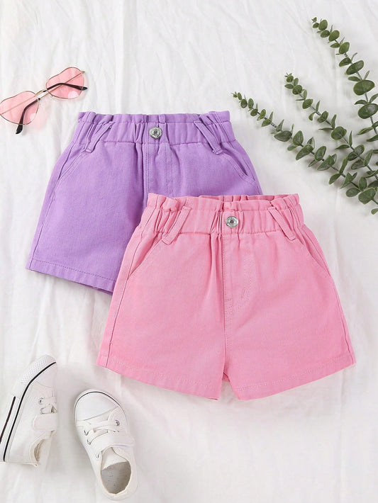 Young Girl 2pcs Basic Loose Fit High Waist Denim Shorts With Elastic Band For Casual Wear