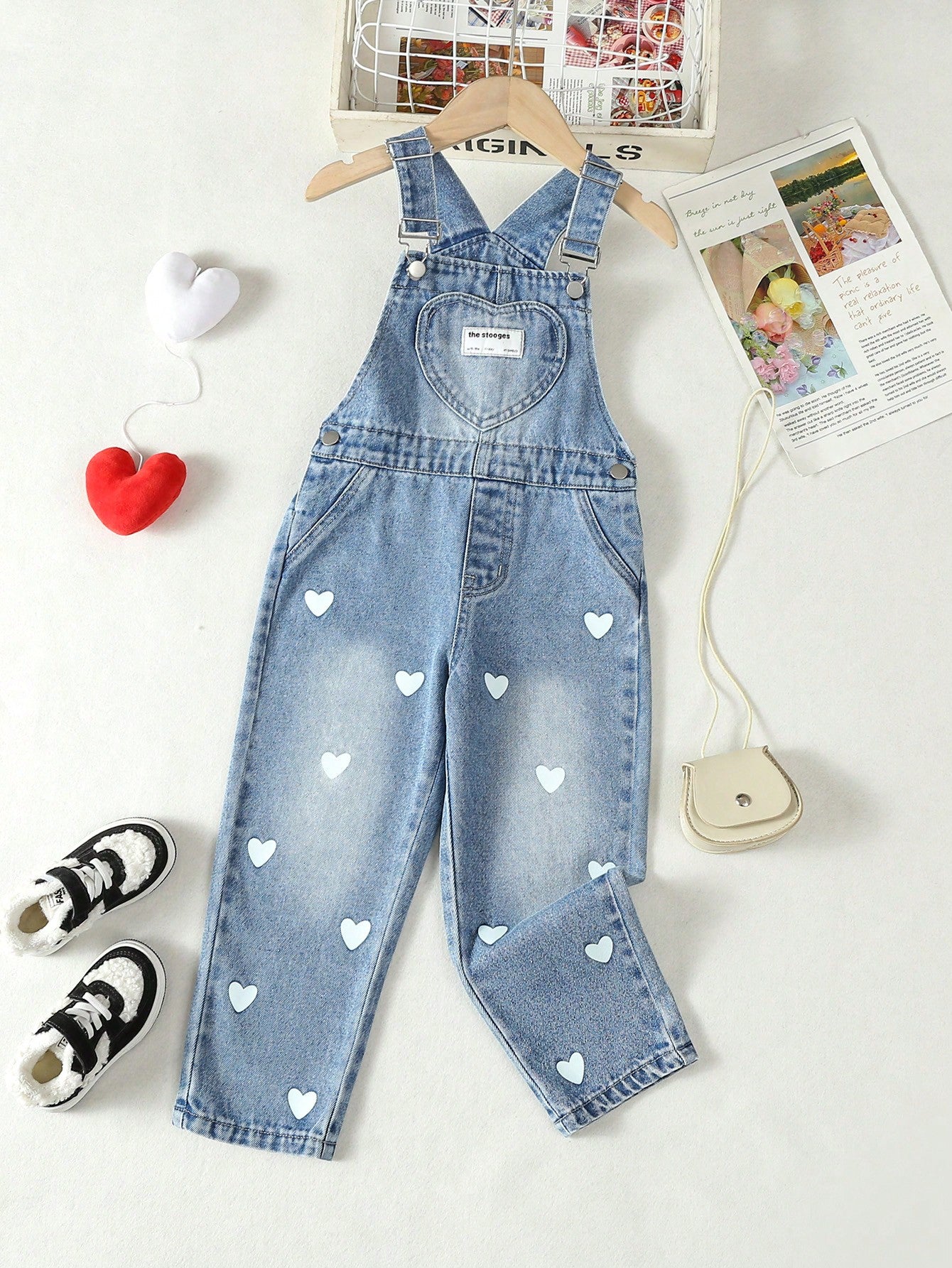 Young Girl Toddler Girls' Heart Printed Denim Jumpsuit