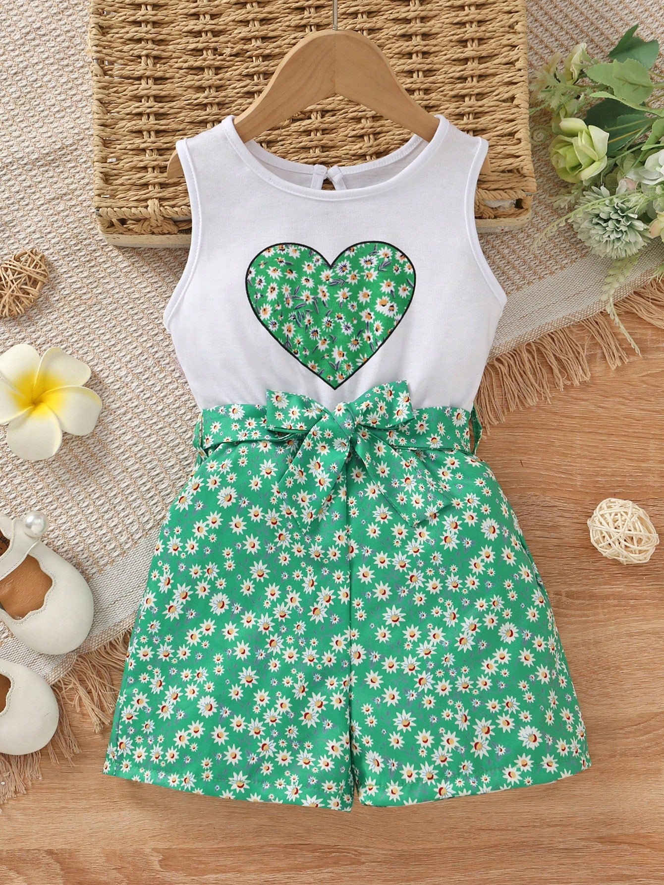 Young Girl Ditsy Floral & Heart Print Belted Romper