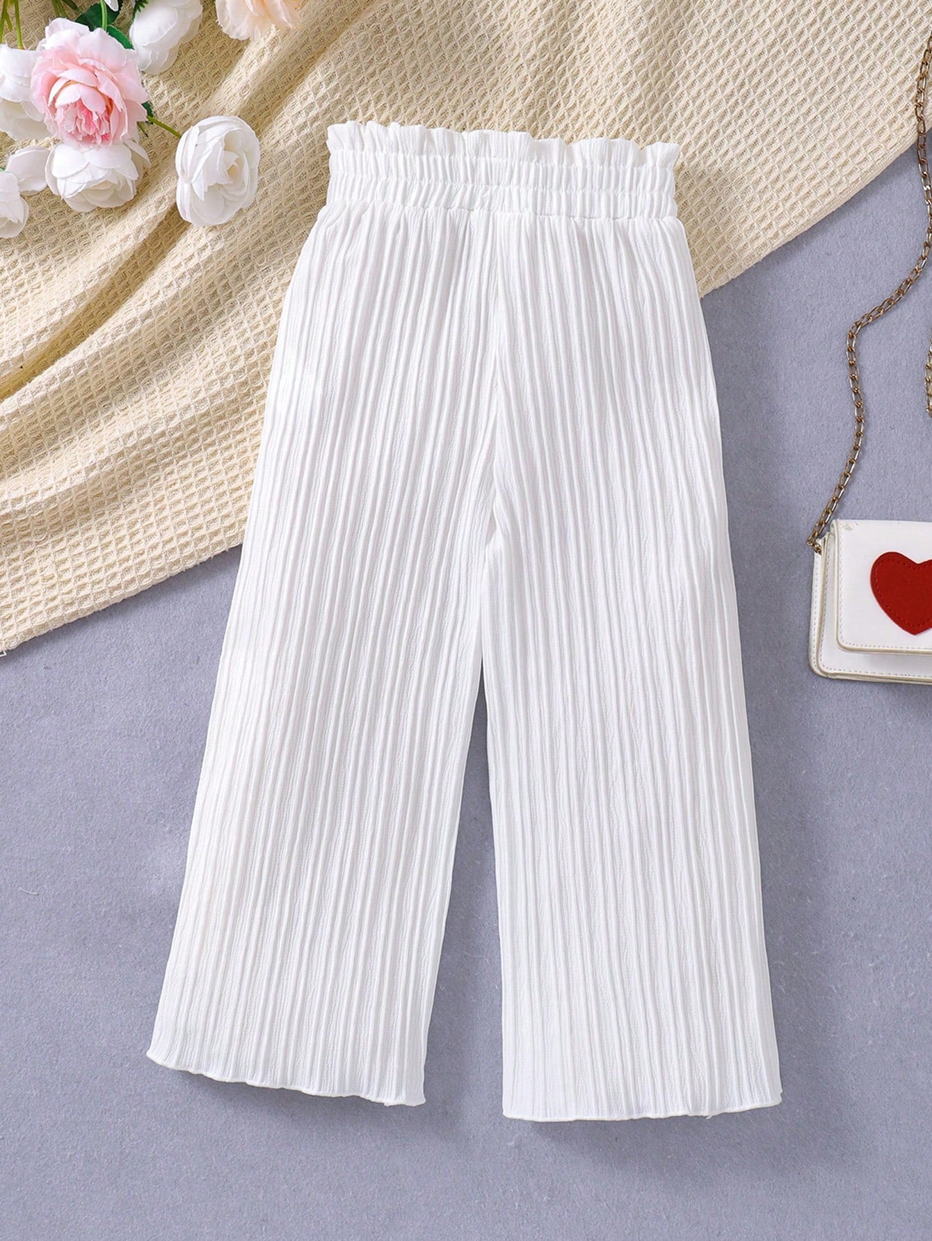 Young Girl Solid Color Elastic High Waisted Wide Leg Pants With Textured Finish