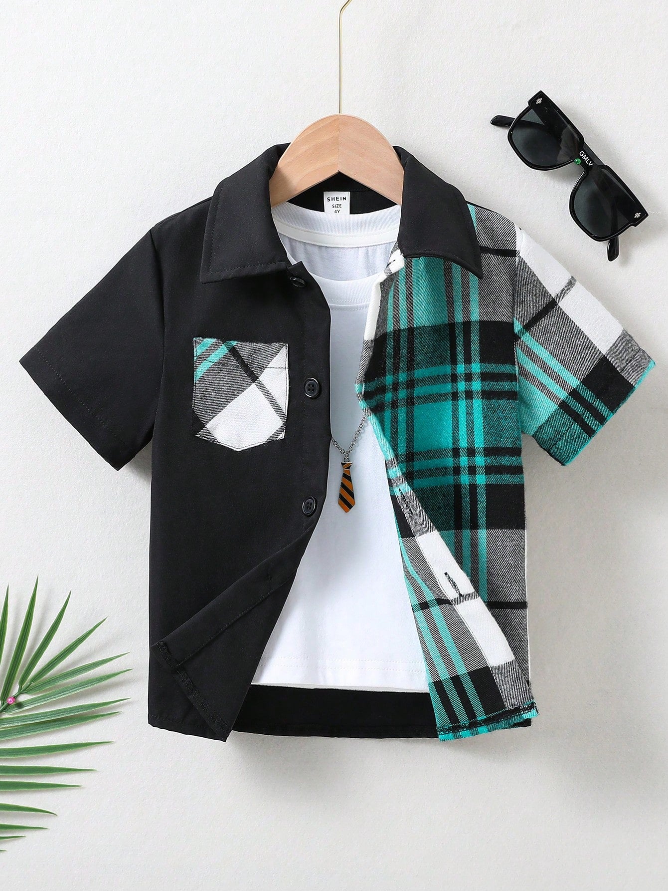 1pc Young Boy's Plaid Color-Blocked Turn-Down Collar Long Sleeve Shirt, Breathable And Comfortable, Suitable For Outdoor, Casual, Parties, Daily Wear, School, Travel And Gatherings