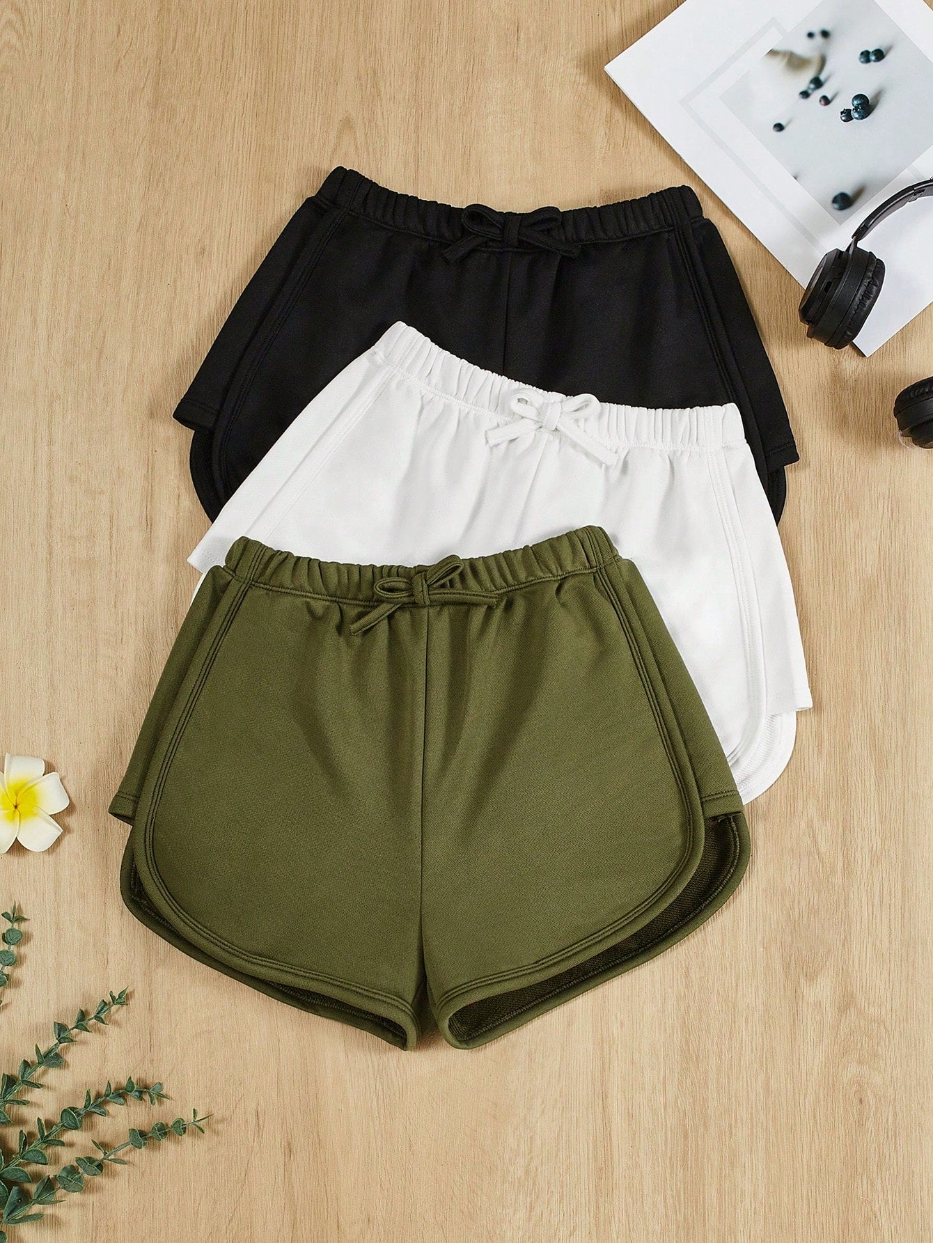 Tween Girl Knit Solid Color Bowknot Decor Casual Shorts 3pcs/Set For Summer