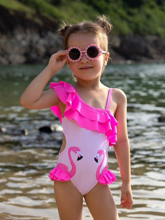 Young Girl Flamingo Print Color Block Ruffle One Piece Swimsuit With Matching Cover Up