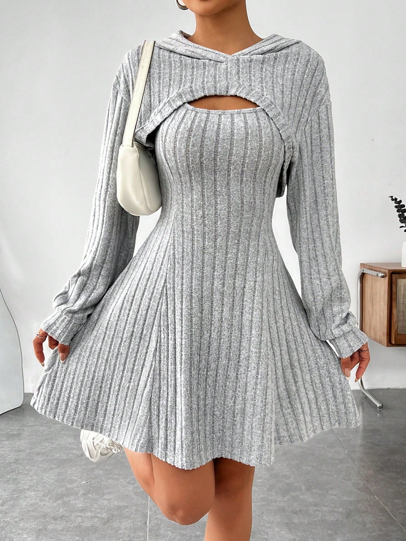 Women Spring/Summer Solid Color Drop Shoulder Long Sleeve Super Crop Top And Dress Casual 2 Pieces Set