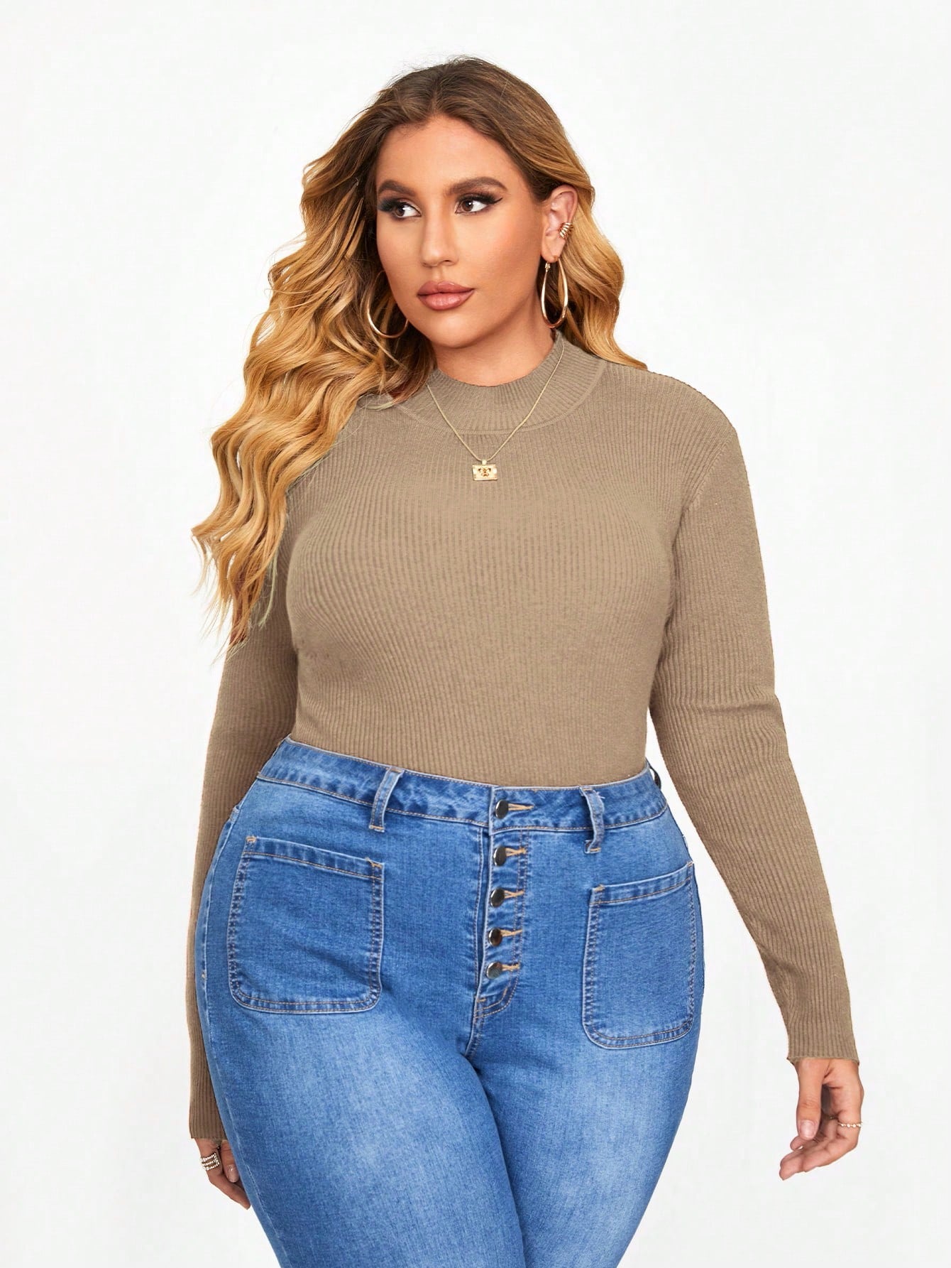 Plus High Neck Rib Knit Basic Sweater