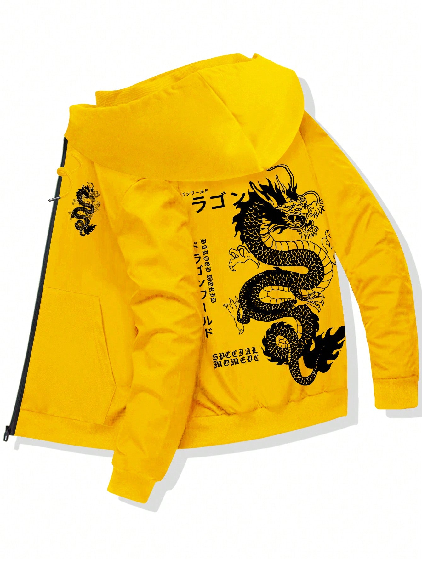 Men's Autumn & Winter New Dragon & Letter Pattern Zipper Hooded Pocket Casual Jacket