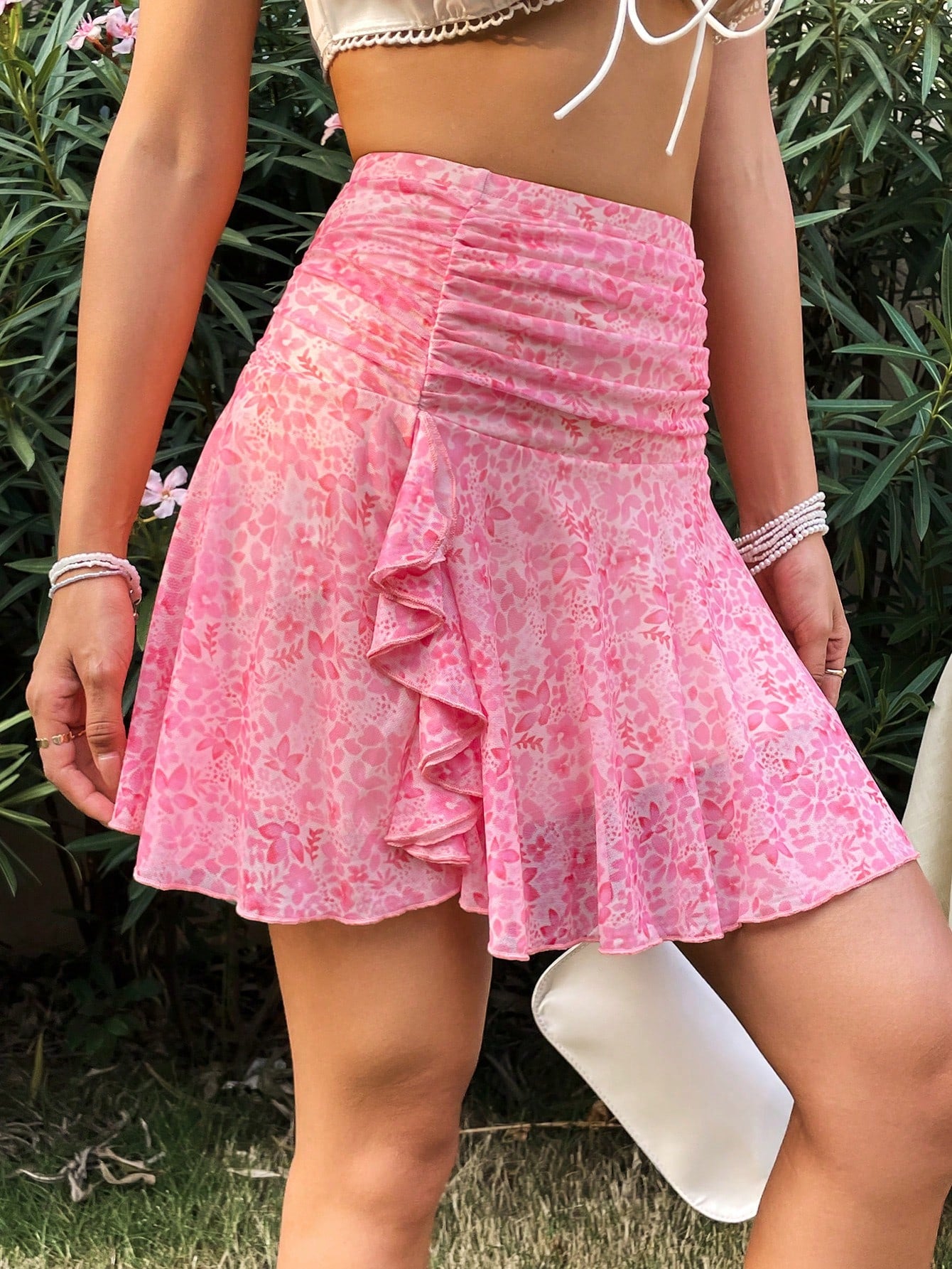 女士滿花印花百褶迷你裙